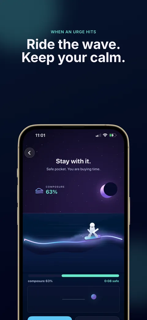 Urge Surfin showing a nighttime surfing exercise and composure check-in