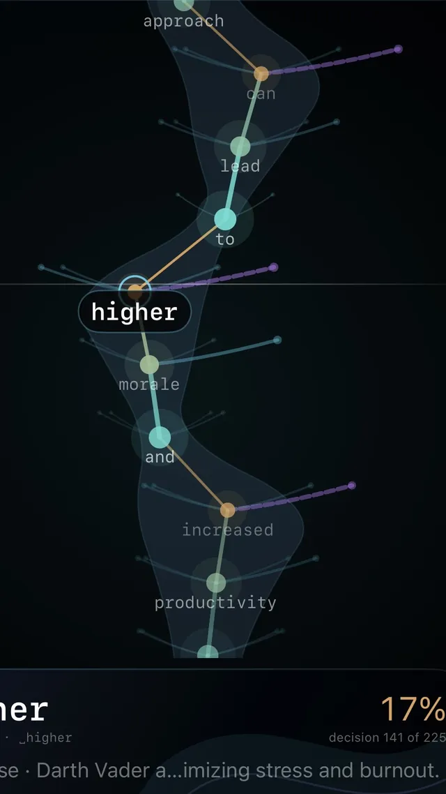 KodAi River view showing the selected token path, uncertainty width, and rejected candidate tributaries